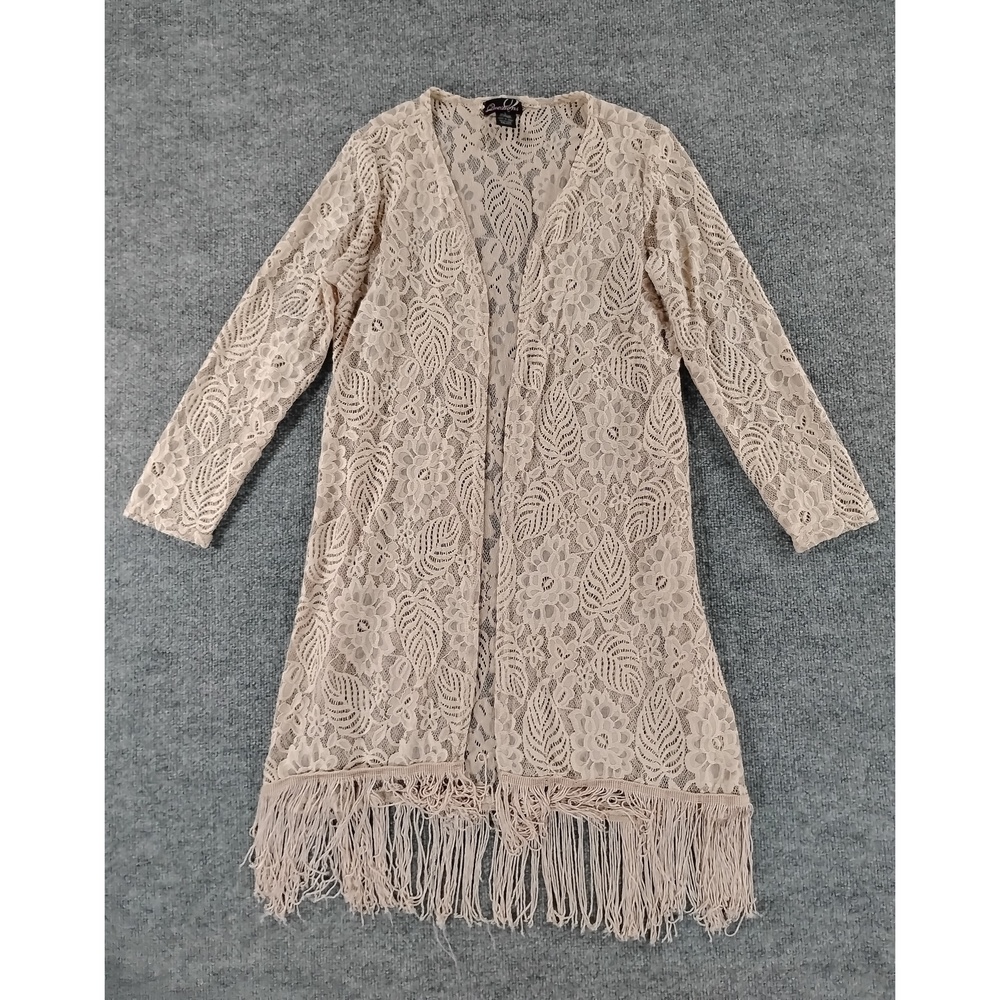 Questions Boho Lace Kimono Cardigan Size L Nylon Duster Festival Fringe Top